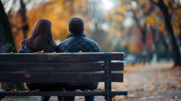 A couple sits closely together on a bench in a park, surrounded by colorful autumn foliage. The atmosphere is serene as they enjoy the beauty of the season - Generative AI