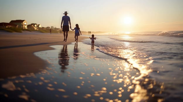 As the sun sets on the horizon, a father strolls hand-in-hand with his young daughter and son along the sandy beach, creating lasting memories - Generative AI