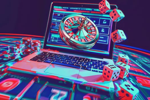 A laptop is on a table with a roulette wheel and dice. The laptop is displaying a game of roulette