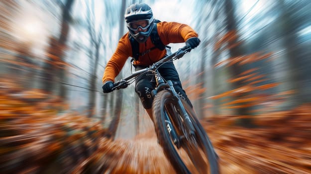 A mountain biker speeds downhill through vibrant autumn leaves in a forest, showcasing skill and excitement in a captivating natural setting - Generative AI