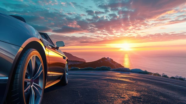 A luxury car reflects the warm light as it rests on a coastal road, overlooking the ocean at golden hour. the scene features a vibrant sunset, with ample sky space, making it ideal for design or branding purposes.
