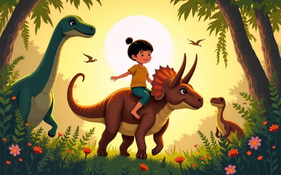 A child joyfully rides a triceratops surrounded by a brontosaurus and small dinosaurs in a colorful forest during sunset - Generative AI