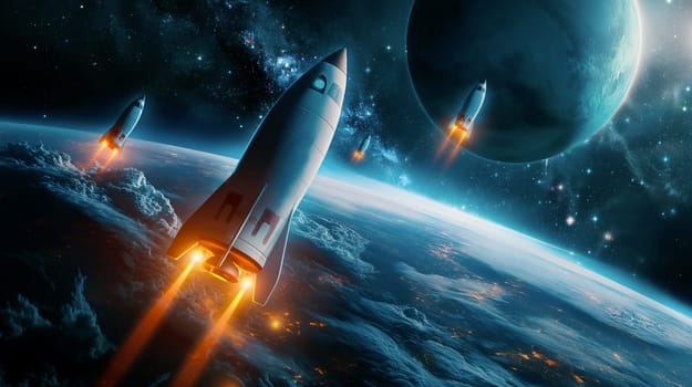 Several rockets soar into space, leaving bright trails of flames as they ascend above the Earth's atmosphere, surrounded by a star-filled sky and planetary bodies - Generative AI