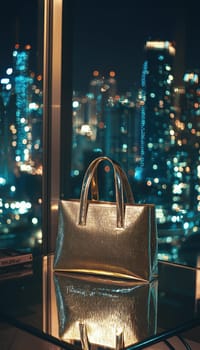 A luxurious metallic tote bag sits elegantly on a sleek glass table in a stylish penthouse apartment, with the vibrant city lights providing a stunning backdrop. the reflective surfaces create a sophisticated, urban ambiance.