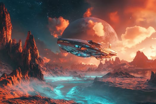 A space ship is flying through a colorful, rocky landscape. The sky is filled with stars and the planet is visible in the background. The scene is a mix of science fiction and fantasy