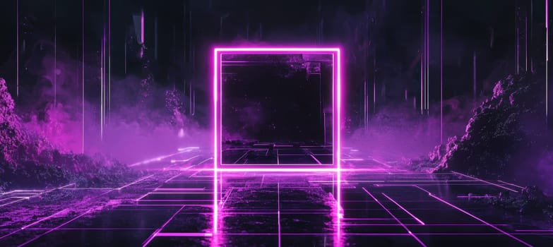 A visually striking digital artwork featuring a sleek neon purple color scheme with abstract glitch designs. the futuristic theme is highlighted by a rectangular frame and geometric patterns, perfect for modern design and technological concepts.