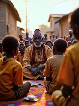 An elder griot shares stories and knowledge with a group of attentive children during a sunset in a village, fostering community connection and learning - Generative AI