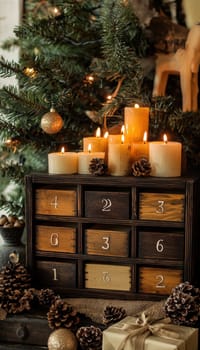 A rustic advent calendar crafted from repurposed wood features numbered drawers containing handmade candles and soaps. adorned with pinecones and burlap, it creates a cozy, festive atmosphere perfect for holiday decor.