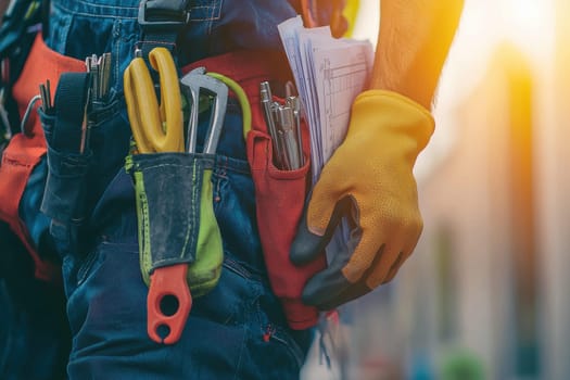 A man is holding a tool belt and a pair of gloves. He is wearing a yellow and green tool belt and a pair of orange gloves
