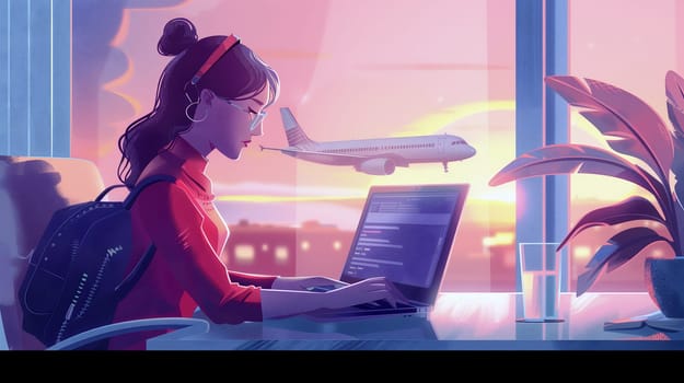 A young woman dressed in a red sweater sits at a desk, focused on her laptop, while an airplane flies outside against a colorful sunset backdrop - Generative AI