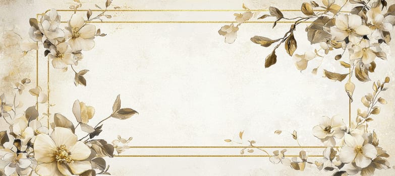 Elegant template featuring gold-bordered flowers and leaves on a textured background, leaving a central blank space. perfect for customizing messages for birthdays, anniversaries, or special events, combining classic elegance with contemporary design.