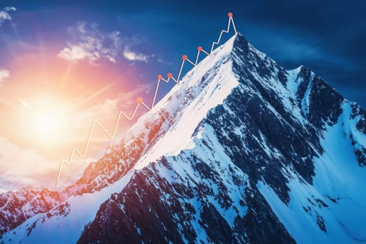 A mountain with a bright sun shining on it and a series of red dots rising up the side of the mountain. The dots are arranged in a line, with some closer to the bottom of the mountain