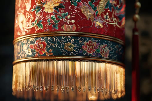 Detailed close-up of a decorative lunar new year lantern adorned with intricate red and gold patterns. featuring tassels and floral designs, the lantern glows softly in the evening light, adding elegance to any festive celebration.