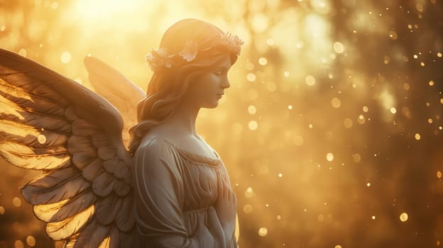 A delicate angel statue stands gracefully in a garden, bathed in warm sunlight, with ethereal bokeh creating a magical atmosphere in the background - Generative AI