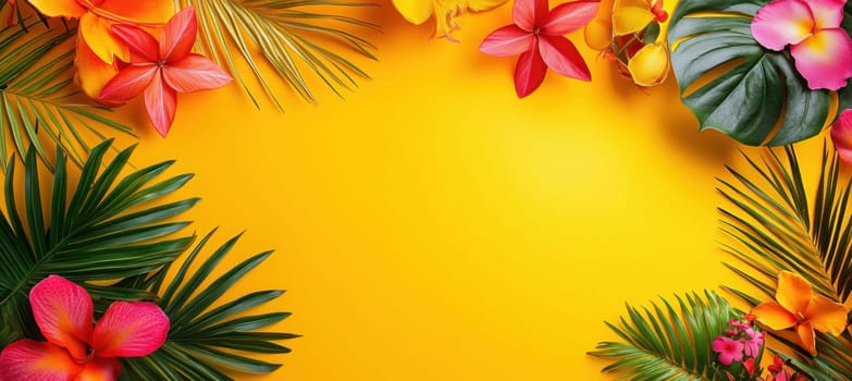 Vibrant greeting card template showcasing lush tropical leaves and bright flowers on a sunny yellow backdrop. the design features a clean, blank space in the center, ideal for adding a personal message. perfect for summer celebrations and greetings.