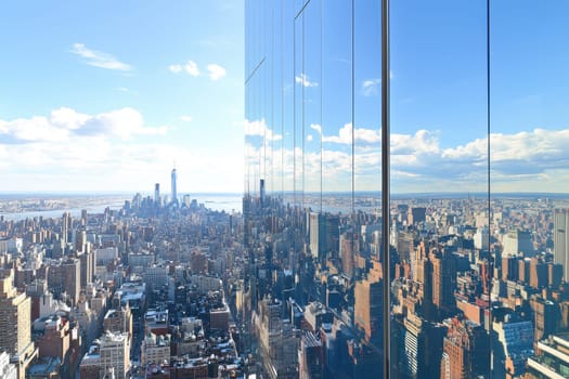 A city view from a high building with a reflection of the city in the glass. The city is bustling with activity and the sky is clear and blue