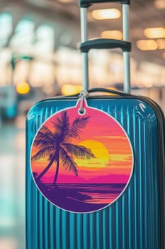 Glossy luggage tag featuring a vibrant circular sticker with a tropical sunset illustration. set against an airport background, this image evokes travel and vacation themes perfect for design use in print, card, or poster projects.