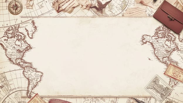 Vintage travel-inspired design featuring retro maps, passport stamps, and an empty center for custom messages. ideal for travel enthusiasts or invitations. surrounding objects include compasses, globes, and photographs emphasizing adventure.