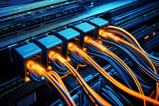 A bunch of cables are connected to a computer. The cables are orange and black