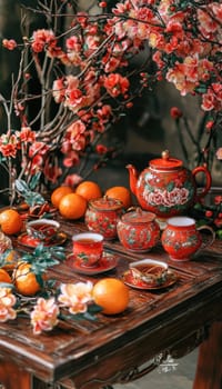 Traditional tea ceremony setup for lunar new year features ornate red and gold tea sets on a wooden table. surrounded by vibrant blooming flowers and fresh oranges, creating a warm and festive atmosphere ideal for celebrations.