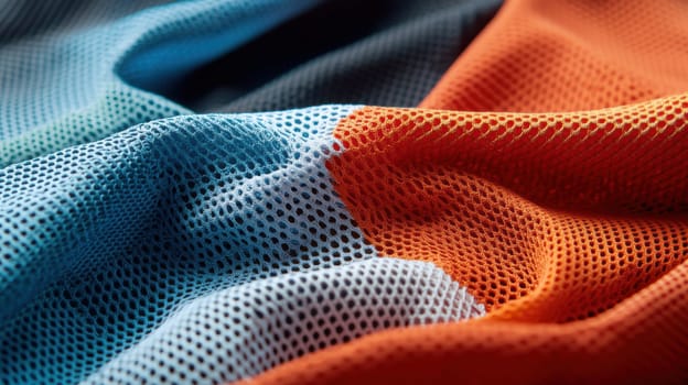 Close-up view of sports jersey fabric showcasing detailed stitching and vibrant colors. ideal for premium quality in textile design, with a neutral gradient backdrop enhancing the texture and color vibrancy.