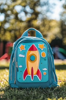 Vibrant rocket-themed die cut sticker adorns a child's backpack, placed stylishly in a lively schoolyard. perfect for illustrating youthful charm and creativity in educational and accessory design for children's back-to-school themes.