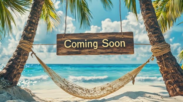 Tropical beach setting featuring a hammock strung between two palm trees. a wooden sign etched with "coming soon" rests in the white sands, complemented by the serene ocean backdrop. perfect for themes of relaxation and upcoming events.