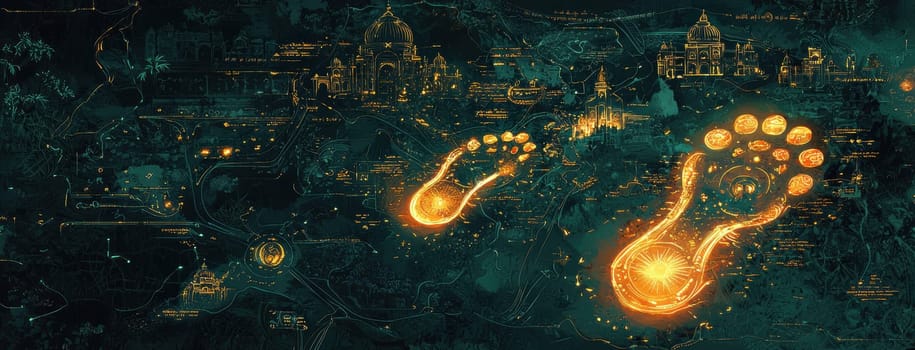 Footprints symbolizing guru nanak's journeys glow against a detailed map, with significant locations marked by sikh symbols and traditional motifs. the artwork blends spirituality and cultural heritage in a vibrant, luminous style.