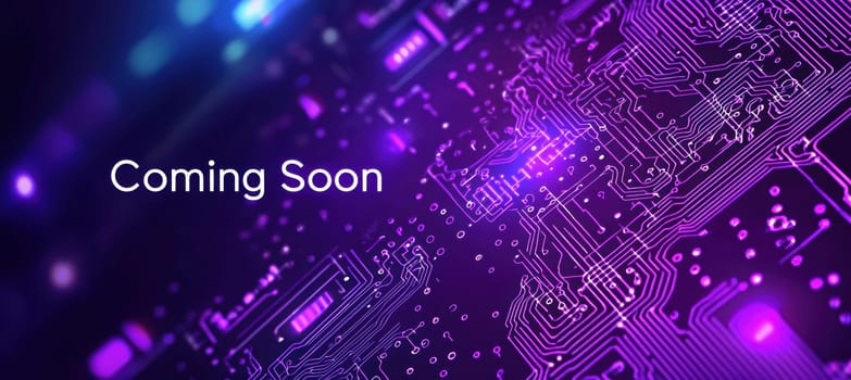 Vibrant and energetic banner for a tech event with a futuristic theme. features a deep purple and teal background, glowing circuit-like patterns, and animated particle effects to create a dynamic and modern visual appeal.