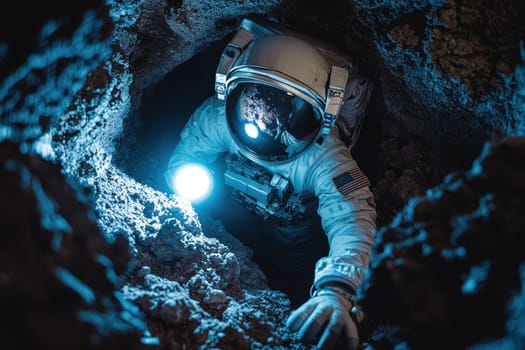 A man in a space suit is exploring a cave. The cave is dark and the man is using a flashlight to see