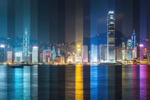 A city skyline is shown in a series of different colors, with the water in between the buildings. Scene is serene and peaceful, as the colors blend together to create a beautiful and calming scene