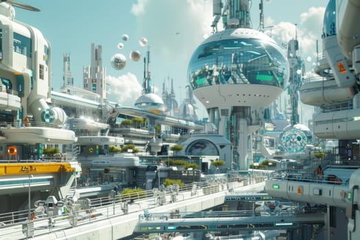 A visionary cityscape illustrating the future of healthcare through advanced bioengineering. modern hospitals and clinics integrate cutting-edge biotechnology, innovative medical treatments in a sleek, futuristic urban environment.