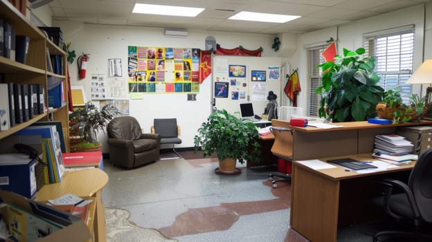 Office space featuring a bulletin board filled with anti-drug posters, pamphlets, and informative resources. the setting includes comfortable seating, organized office furniture, and vibrant plants, creating a welcoming environment for employees.