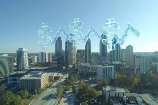 A city skyline with a large amount of money in the sky. The money is in the shape of the letter S