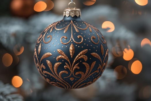 A beautifully designed blue ornament dangles gracefully, reflecting warm holiday lights in the backdrop.