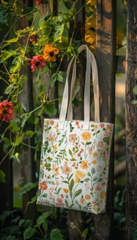 A tote bag with a vibrant nature-inspired pattern hangs on a rustic garden fence, surrounded by blooming flowers and lush vines. the scene highlights eco-friendliness and botanical beauty, perfect for promoting sustainable fashion.