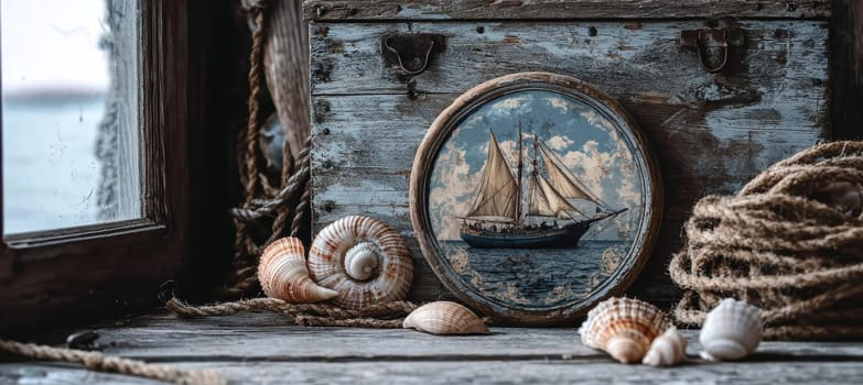 A weathered wooden box displays a circular sticker featuring a vintage nautical design. styled with maritime elements, including ropes and seashells, perfect for adding a seaside touch to decor, crafting, or thematic posters.