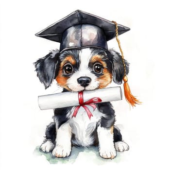 A Playful puppy wearing graduation cap, holding diploma, whimsical and fun. Perfect for celebrating achievements
