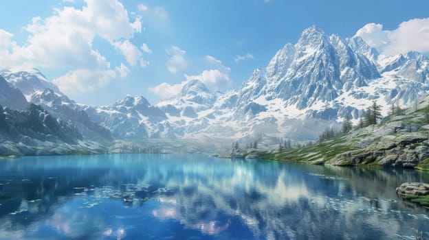 Snow-covered mountains majestically rise under a clear blue sky, mirrored perfectly in a pristine lake. the landscape exudes purity and untouched natural beauty, highlighted by vivid white snow, lush greenery, and crystal-clear water.