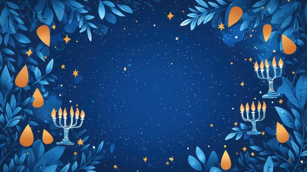 Elegant hanukkah greeting card template featuring illustrated menorahs and stars against a deep blue background. designed with an open center for a personalized message, perfect for celebrating hanukkah with warmth and style.