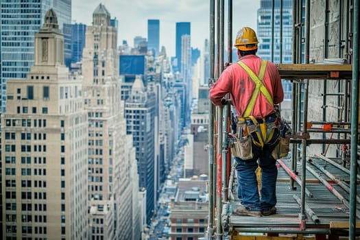 A man in a yellow and orange safety vest stands on a scaffold in front of a city skyline