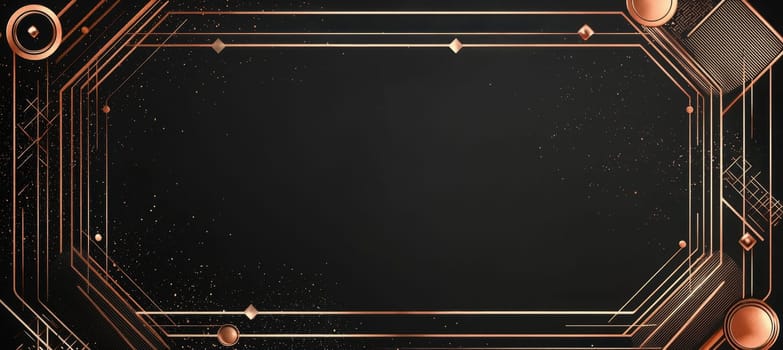 Elegant greeting card template featuring a luxurious black background with rose gold metallic accents. geometric designs frame a central blank area, ideal for custom text. perfect for formal events, upscale invitations, or glamorous announcements.
