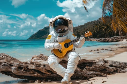A man in a spacesuit is playing a ukulele on a beach. The scene is peaceful and relaxing, with the man enjoying the beautiful surroundings