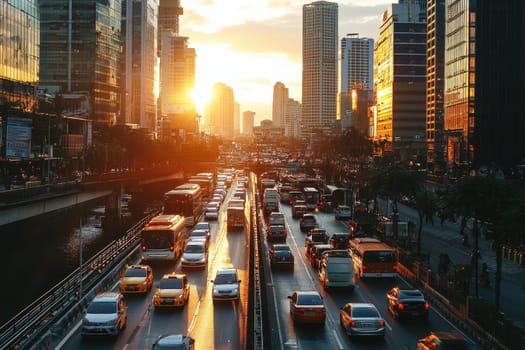 A busy city street with a large number of cars and buses. The sun is setting, casting a warm glow over the scene