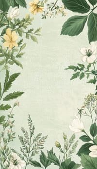 A delicate greeting card template featuring a soft green background adorned with botanical illustrations. the design includes colorful flowers and butterflies, offering a blank center space ideal for personalized notes and springtime greetings.