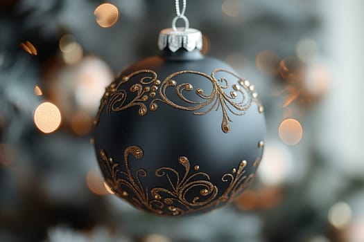Delicate black ornament with intricate gold designs glimmers amidst soft holiday lights, creating a warm ambiance.