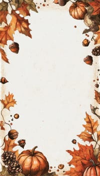 Autumn greeting card template featuring orange and brown foliage, pumpkins, and acorns along the borders. the design provides a blank middle space for personalized text, making it ideal for thanksgiving or fall-themed greetings.