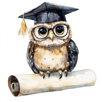 A Watercolor depiction of wise owl with glasses and graduation cap, symbolizing knowledge and achievement, perched on diploma scroll