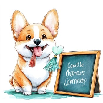 A Joyful corgi holding graduation tassel next to chalkboard with Congratulations written on it, celebrating special achievement