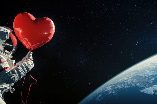 An astronaut in white spacesuit holds heart shaped balloon in zero gravity, with Earth and stars in background, evoking sense of wonder
